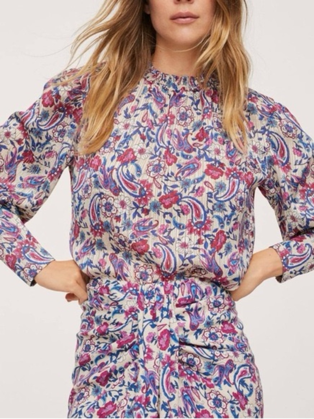 Mango Floral Paisley Long-Sleeve Blouse - Cream, Pink & Blue